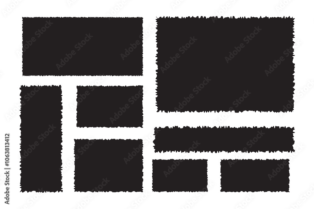 Poster torn paper frames with rough edges vector set. black square shapes with ripped jagged borders on whi
