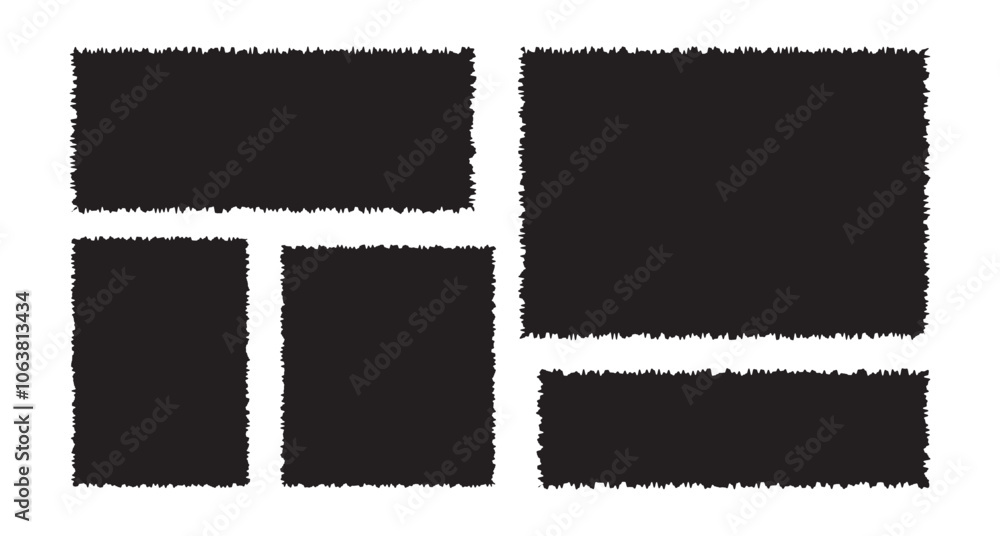 Poster set of black grunge circle frames with jagged edges. geometric rectangular form of old torn paper pi