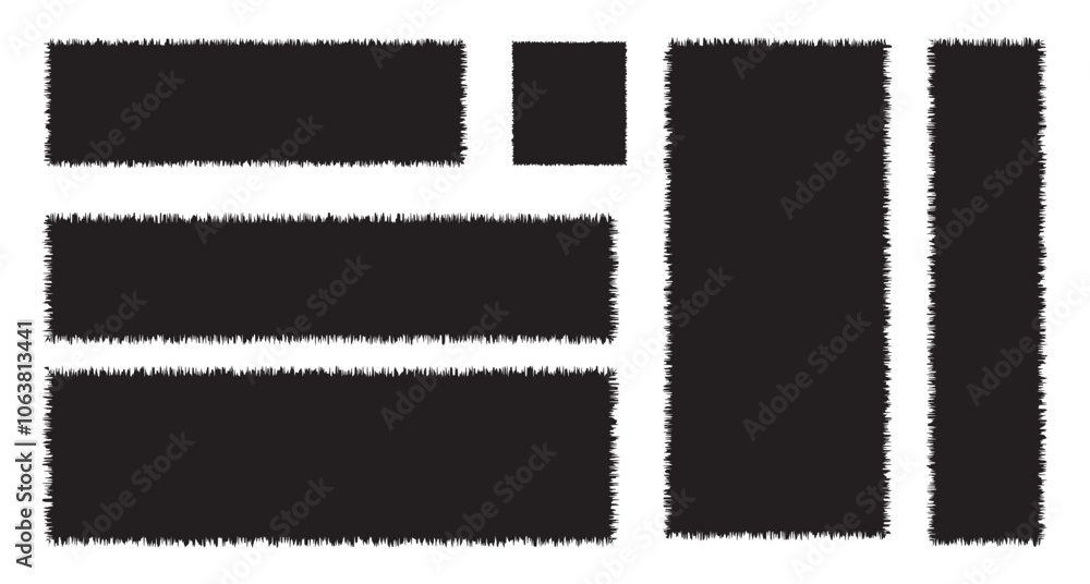 Poster set of black grunge circle frames with jagged edges. geometric rectangular form of old torn paper pi