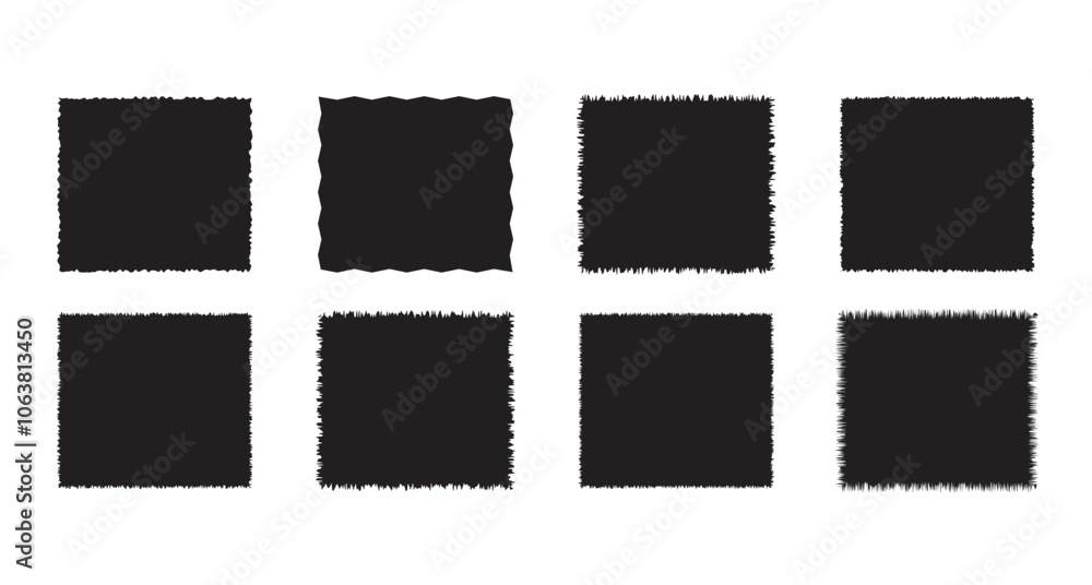 Aufkleber set of black grunge circle frames with jagged edges. geometric rectangular form of old torn paper pi