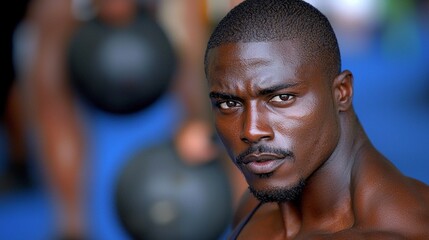 man muscular build energetically swings kettlebell bustling gym surrounded other gym goers immersed their workouts bright indoor lighting.