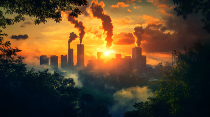 Urban Skyline at Sunset with Polluting Factories Highlighting the Need for Carbon Trading Solutions