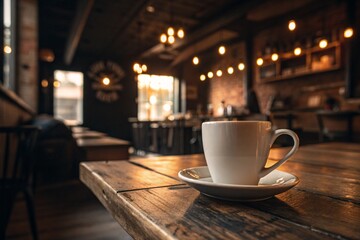 disposal Coffee cup mockup, rustic wooden table, cafe interior, warm ambient lighting