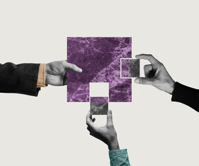 A large company buys up small ones. Art collage.