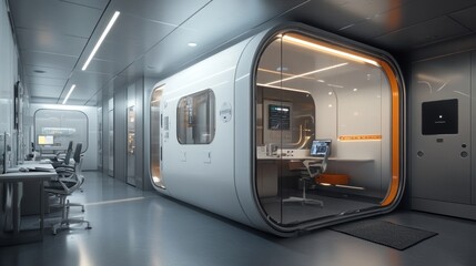 A futuristic office interior with a modern design and glass enclosed work stations.