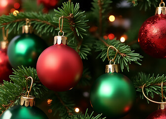 Colorful holiday decorations hang from branches of a festive Christmas tree adorned with red and green ornaments