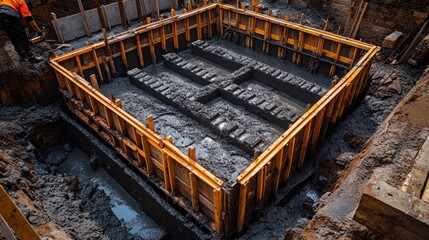 Concrete foundation being poured for a new construction project with rebar reinforcement.