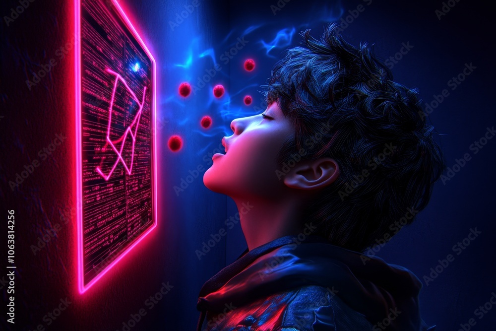 Poster 3d digital illustration of a person speaking into a virtual confessional screen, with floating data 