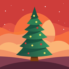 The illuminated Christmas tree in a landscape at sunset