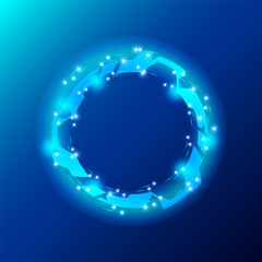 A glowing circular futuristic design on a blue background. The circle features interconnected angular shapes with small bright spots, exuding a techy, sci-fi aesthetic. Vector illustration