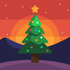The illuminated Christmas tree in a landscape at sunset