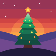 The illuminated Christmas tree in a landscape at sunset