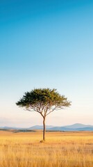 Lone tree in a vast golden field under a clear blue sky.