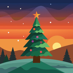 The illuminated Christmas tree in a landscape at sunset