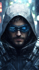 Hooded futuristic character wearing high-tech glasses, standing in a neon-lit cyberpunk cityscape