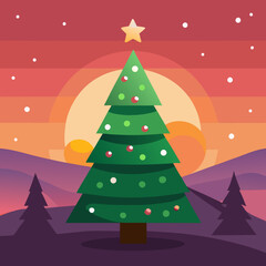Obraz premium The illuminated Christmas tree in a landscape at sunset