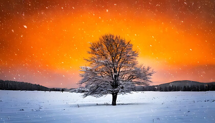 snow falls gently surreal winter scene featuring lone orange tree vast expanses white grey vibrant orange sky