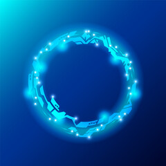 A glowing circular futuristic design on a blue background. The circle features interconnected angular shapes with small bright spots, exuding a techy, sci-fi aesthetic. Vector illustration