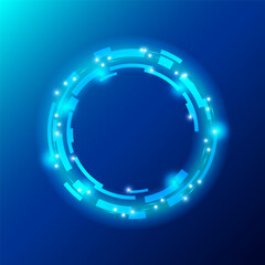 A glowing circular futuristic design on a blue background. The circle features interconnected angular shapes with small bright spots, exuding a techy, sci-fi aesthetic. Vector illustration