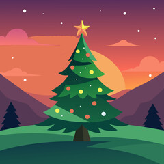 The illuminated Christmas tree in a landscape at sunset