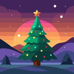 The illuminated Christmas tree in a landscape at sunset