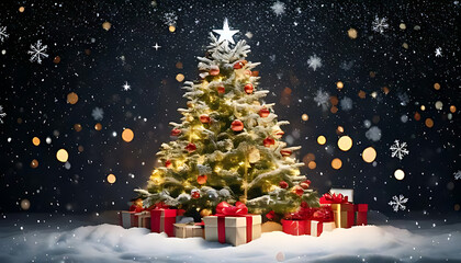 Obraz premium snowflakes fall gently around decorated tree amidst festive lights garlands blank christmas gift