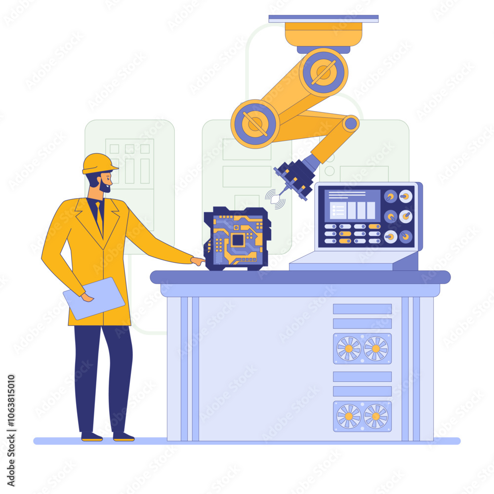 Poster a worker in a yellow hard hat operates a robotic arm in an industrial setting. the robotic arm is ha