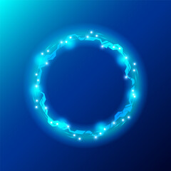 A glowing circular futuristic design on a blue background. The circle features interconnected angular shapes with small bright spots, exuding a techy, sci-fi aesthetic. Vector illustration
