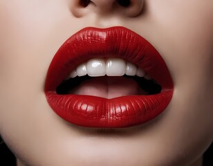 Fototapeta premium Close-up of a woman's lips adorned with bold red lipstick, showcasing a striking makeup look