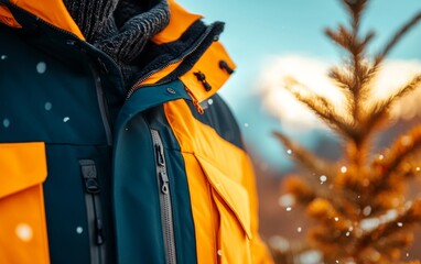 Winter jacket close-up, snowy environment