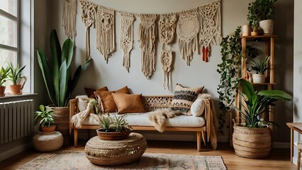 Vintage-inspired boho room adorned with macrame, lush plants, and earthy tones, creating a warm, tranquil space that radiates natural charm and cozy style