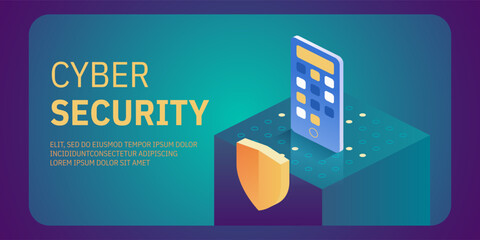 Cyber security isometric concept. Antivirus, encryption, cloud data protection. Software development. Safety internet. Online information protect. Digital technology vector background.