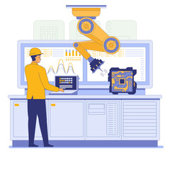 A worker in a yellow hard hat operates a robotic arm in an industrial setting. The robotic arm is handling a circuit board. The background includes machinery and control panels. Vector illustration.