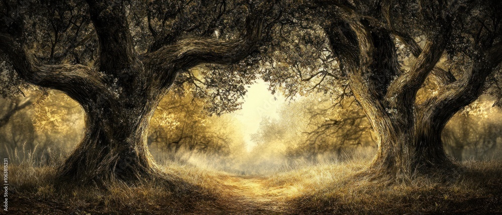 Poster a serene forest scene with ancient trees framing a misty path.