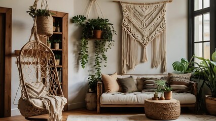 Vintage-inspired boho room adorned with macrame, lush plants, and earthy tones, creating a warm, tranquil space that radiates natural charm and cozy style
