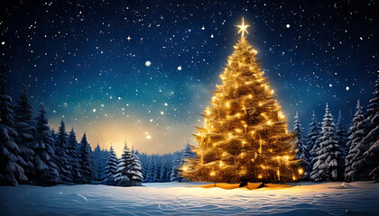 Naklejka premium snowy winter scene features golden christmas tree set starry night sky