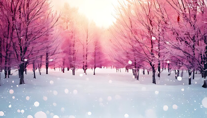 soft pink trees blurred snowy scene using bokeh effect
