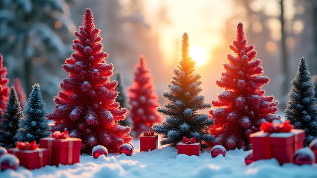 Colorful Christmas trees with vibrant red garlands stood out amidst a winter wonderland scene near festive red boxes and a snowy sunrise