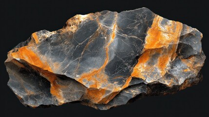 Obraz premium A close-up of a rough, dark grey stone with orange and white veins and an irregular, broken surface.