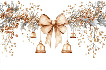 Illustration of a wreath with a bow and tiny bells. Isolated on a white background.