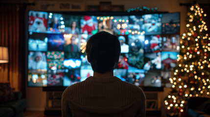 Person viewing virtual holiday celebration on home screen with christmas tree