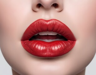 Fototapeta premium Close-up of a woman's lips adorned with bold red lipstick, showcasing a striking makeup look