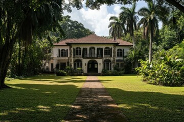 Obraz premium A historic mansion surrounded by lush greenery and palm trees, set in a tranquil environment.