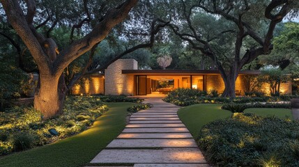 Fototapeta premium A modern house illuminated at dusk, surrounded by lush greenery and stone pathways.