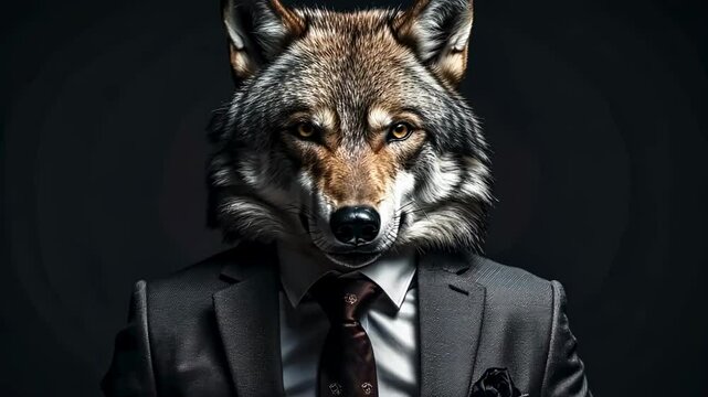 An anthropomorphic wolf in a classic suit with a tie on a dark studio business shoot. A portrait shot of a man wearing a natural-looking wolf mask.
