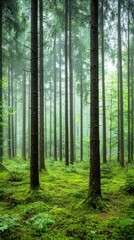 Obraz premium Serene forest with tall trees and lush green foliage covering the ground.