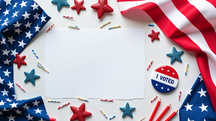 Obraz premium Illustration of Background with US Flag and I Voted Pin for USA Elections 2024. Composition of stars and US flags in red, white and blue, next to an I Voted button