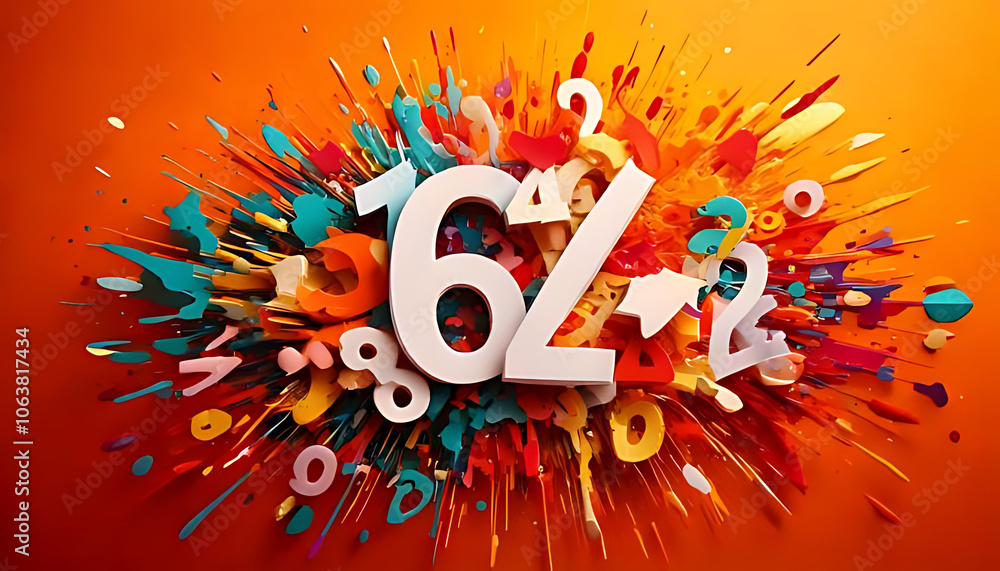 Poster vibrant colors splashed across bright orange background bold numbers white font creating lively atmo