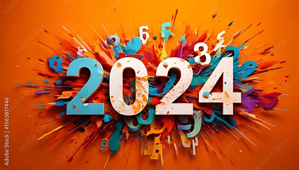 Poster vibrant colors splashed across bright orange background bold numbers white font creating lively atmo