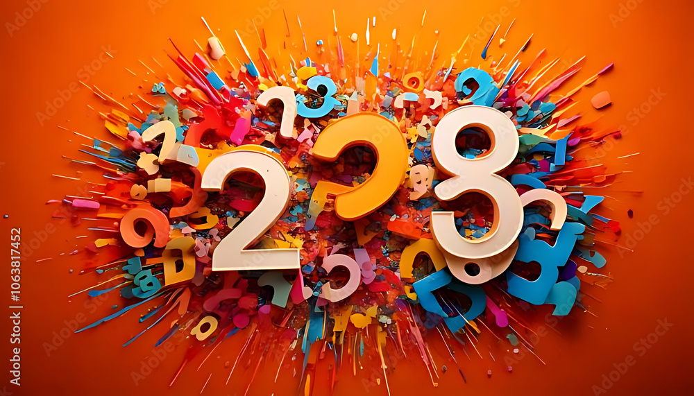 Poster vibrant colors splashed across bright orange background bold numbers white font creating lively atmo